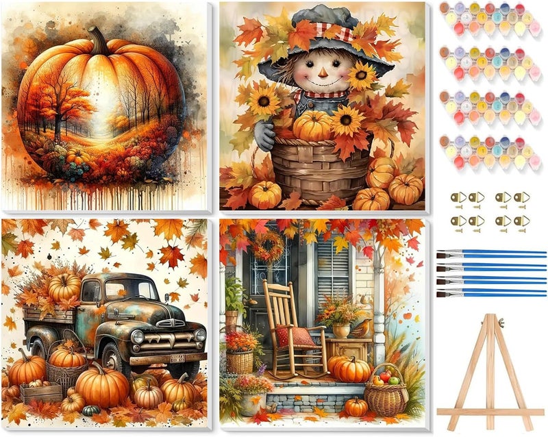 VIGEGU 4 Pack Thanksgiving Paint by Numbers Kit for Adults with Framed,Fall Pumpkin Paint by Number with Wooden Easel DIY Autumn Scarecrow Truck Adult Paint by Number Kits for Wall Decor 10x10in - Image 1